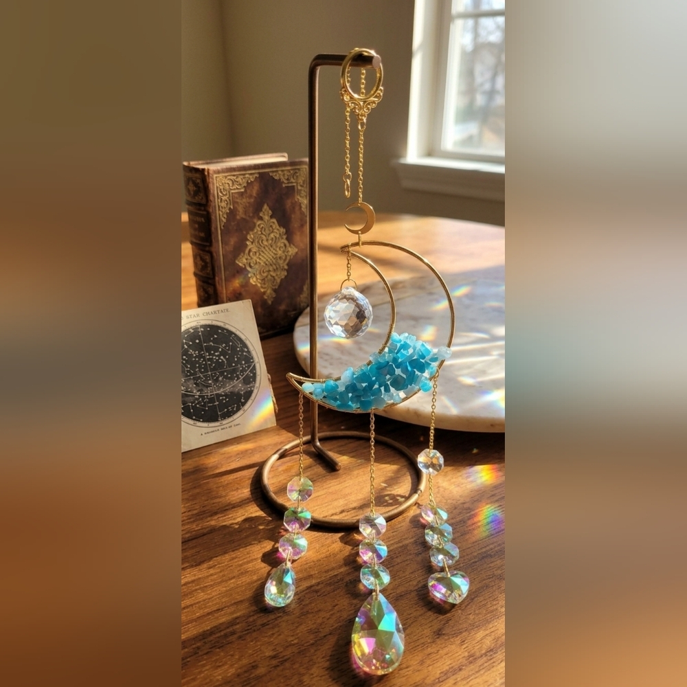 Gold Crescent Moon Suncatcher with Blue Aventurine Chips and Iridescent Crystals